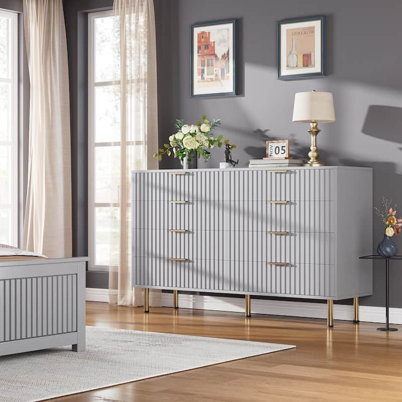 Fluted 8 Drawer Double Dresser for Bedroom, Living Room, Hallway