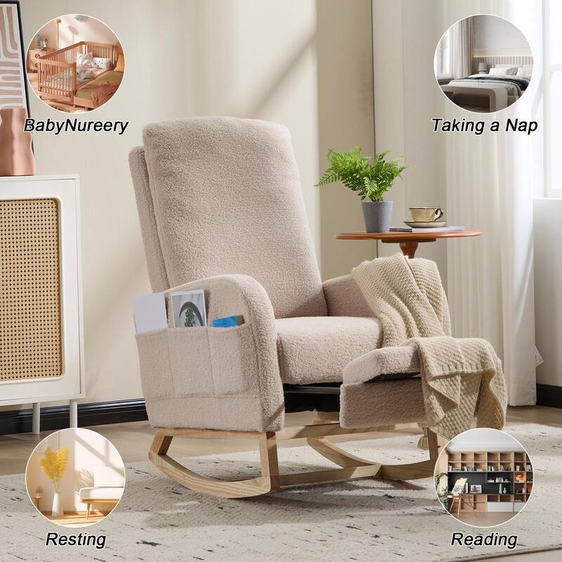 Wood Rocking Chair with Teddy Fabric and Side Pocket - 24.8"L x 29.5"W x 40.9"H