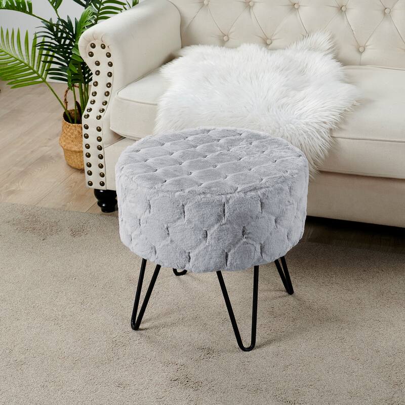 Jacquard Solid Fauxfur Round Ottoman