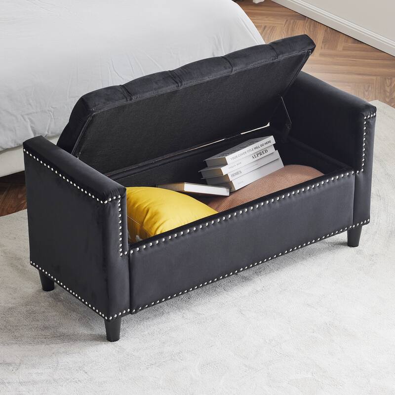 Storage Bench, Queen Velvet Button Bedside Bench, Entryway Living Room with Armrests, Nailhead Trim, Upholstered Bedroom Bench