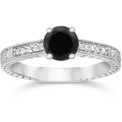 1 1/5ct Vintage Treated Black & White Diamond Engagement Ring White Gold