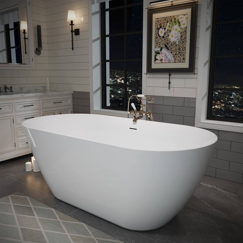 55" Glossy White Oval Acrylic Bathtub - Gloss White