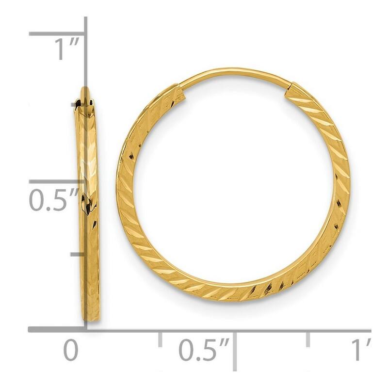 Curata 14k Yellow Gold Diamond Cut Square Tube 1.35x20mm Endless Hoop Earrings