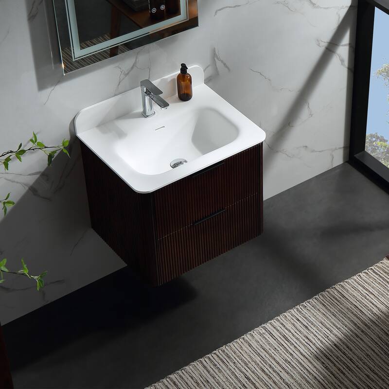 Modland Fluted Floating Vanity with Sink, Plywood Wall Mount Cabinet, Curved Edge, 24/30/36 Inch