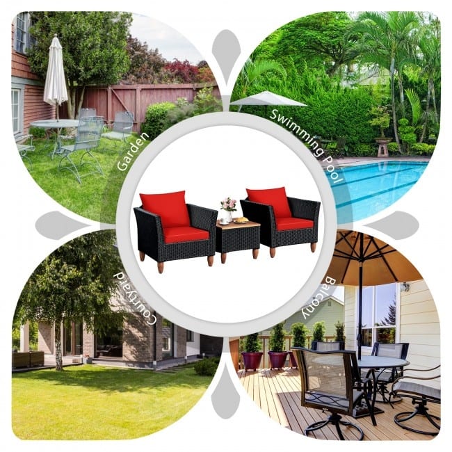 3 Pcs Outdoor Patio Rattan Furniture Set Wooden Table Top Cushioned Sofa - 29" x 27" x 28" (L x W x H)