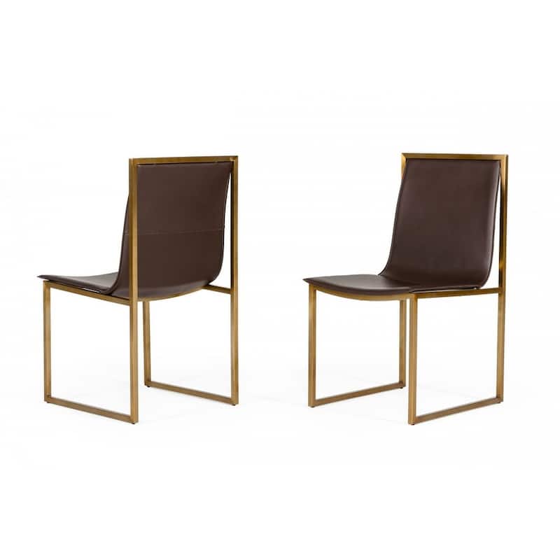 Set of Two Brown And Brass Upholstered Faux Leather Dining Side Chairs