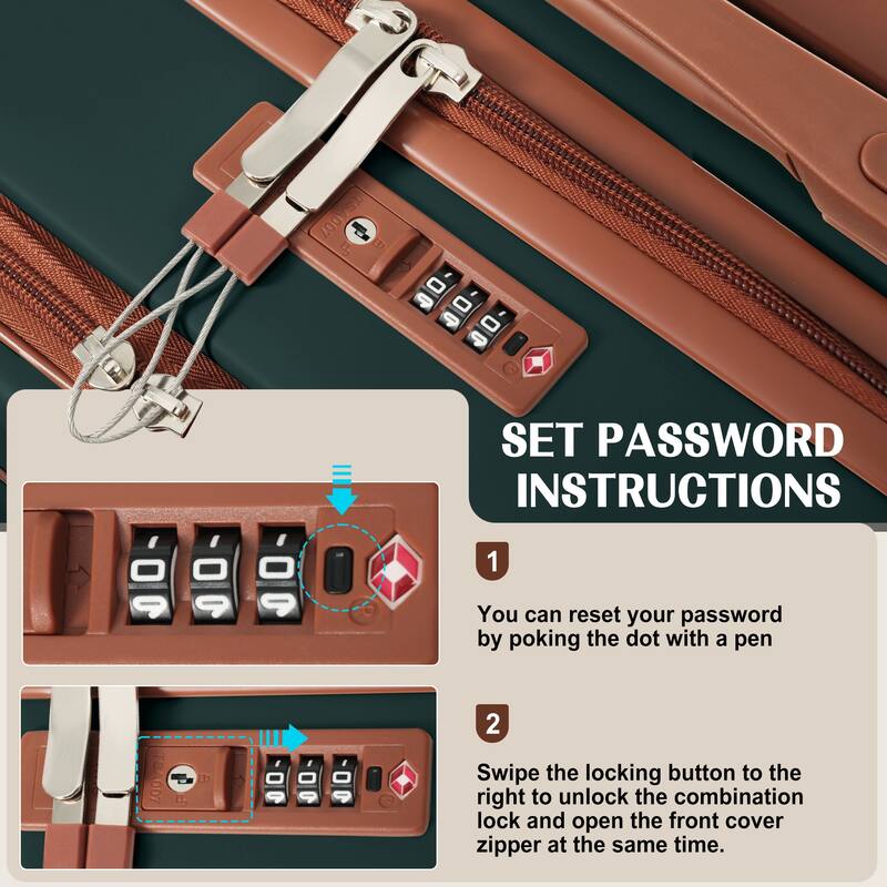 3-Piece, Modern Front-opening Luggage with USB Port and Spinner Wheels, for Boarding Travel, Dark Green