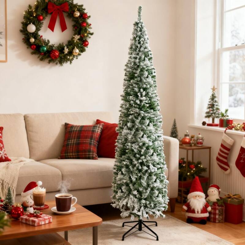 Indoor Holiday Decor,9ft Flocked Christmas Tree, Pencil Artificial Xmas Tree with Faux Snow - Green