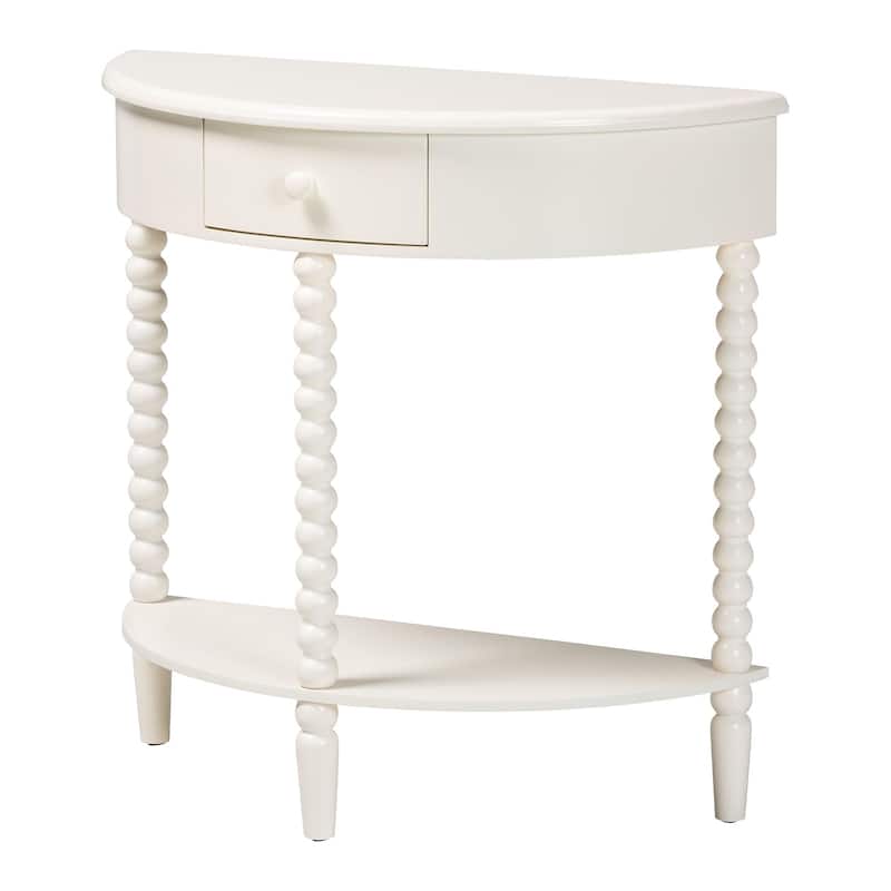 Raynera Bobbin-Leg Demilune Console Table - Half-Moon Accent Table with 1 Drawer and Open Shelf, Cottage Farmhouse Style - White