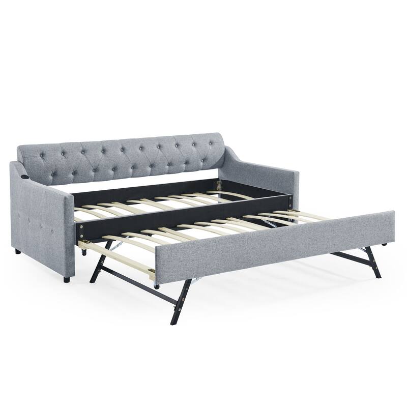 Twin Size Upholstery Sofa Bed with Twin Size Erectable Trundle and USB Charging Design