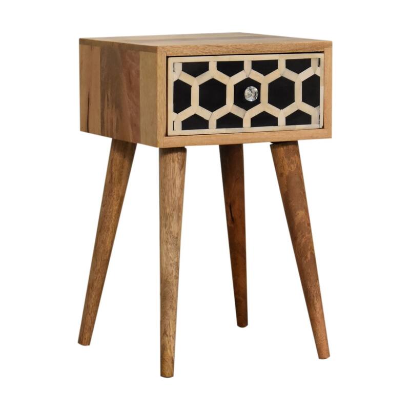 HomeRoots 20" Black White And Brown Solid Wood Geometric Bone Inlay One Drawer Nightstand
