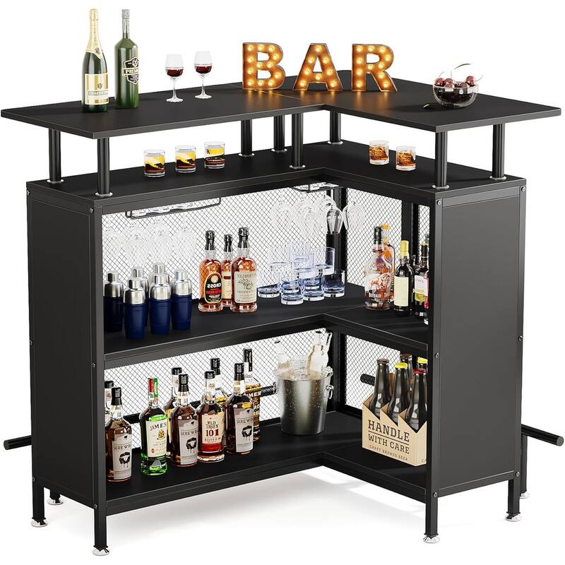36"x 48"L-Shaped Home Bar Unit with Footrest - Modern Corner Liquor Cabinet with 2-Tier Shelves & Glass Racks