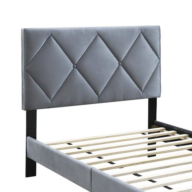 Lilian Full Size Bed, Tufted Gray Velvet Upholstery, Diamond Stitch