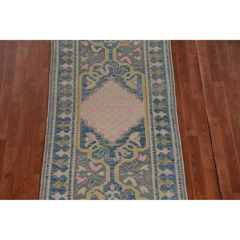 Hand Knotted Oriental 100% Wool Carpet Transitional Geometric Greys & Charcoal Oushak Runner Rug - 14' 1'' X 3' 2''