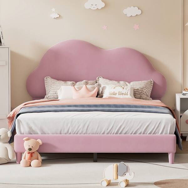 slide 2 of 18, Full Size Velvet Upholstered Bed w/ Cloud-Shape Headboard for Kids Full - Pink