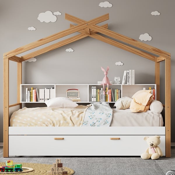 dimension image slide 1 of 2, Wooden House Bed with Original Wood Colored Frame Twin Size Trundle and Bookshelf Storage Space