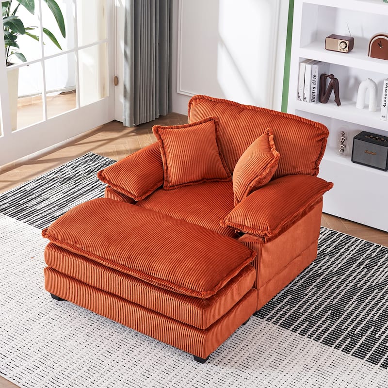 56.3 Inch Corduroy Single Deep Seat Sofa Chair With 2 Toss Pillows and a Ottoman