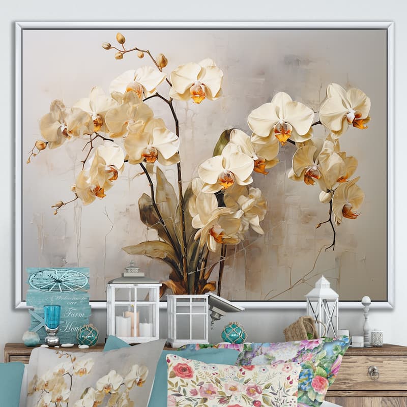 Designart "Minimalism Orchid Blossoms In Delicate Abstraction" Orchids Framed Wall Decor - 44 in. wide x 34 in. high - White