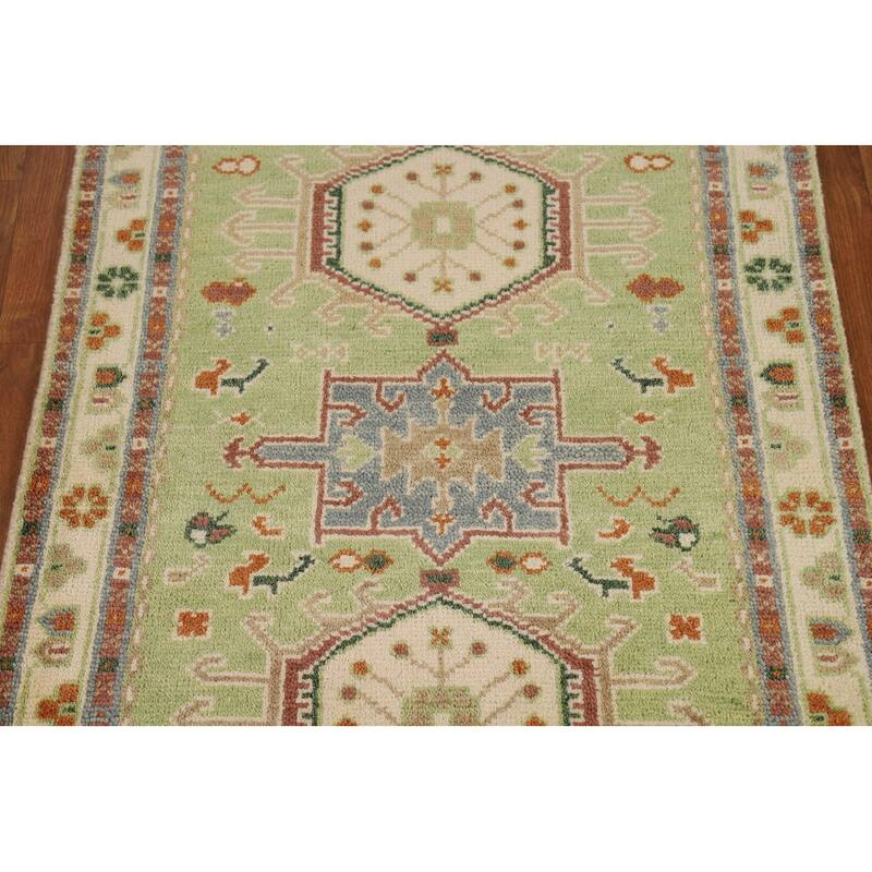Light Green Geometric Khotan Indian Foyer Rug Hand-Knotted Wool Carpet - 2'11"x 5'0"