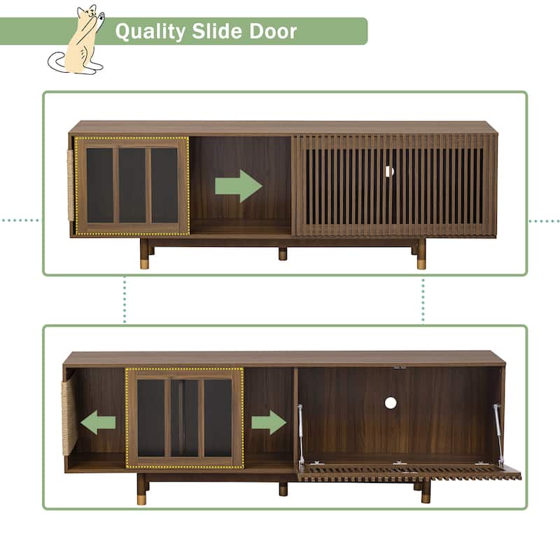 Modern 2 in 1 TV Stand with Cat Scratcher, Cat House Media Console Table with Sliding Flip-down Glass Doors - Walnut