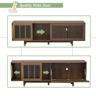 Modern 2 in 1 TV Stand with Cat Scratcher, Cat House Media Console Table with Sliding Flip-down Glass Doors