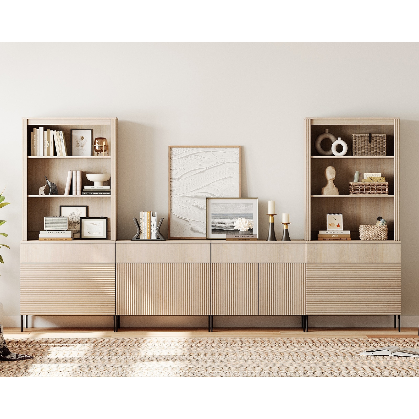 71"H X 126"W Tall Fluted Bookshelf with 8 Drawers and 4 Doors, Modern 10-Tier Bookcase with Open Storage
