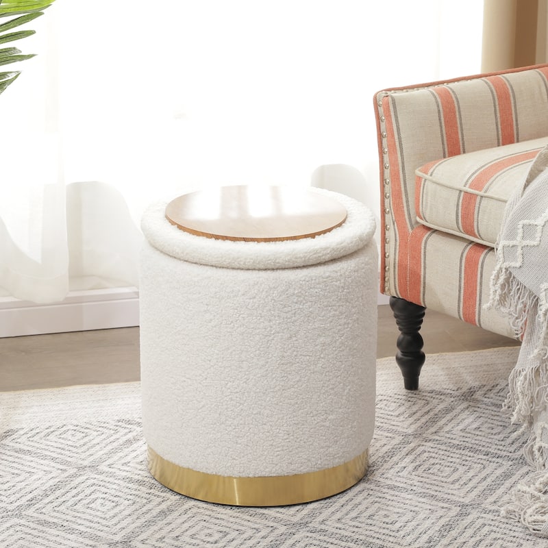 Adeco Velvet Round Storage Stool Gold Plating Base Storage Ottoman