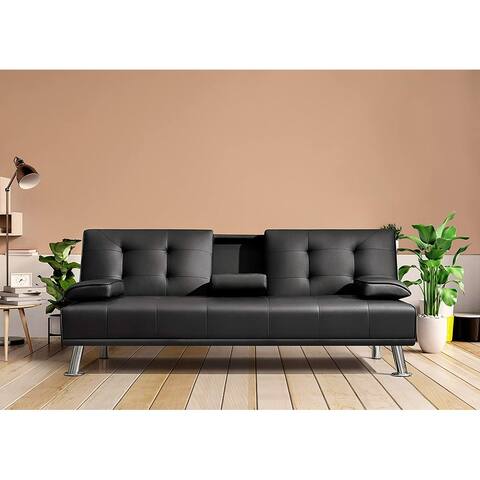 Furniwell Modern Faux Leather Futon with Cup Holders & Pillows, 65"