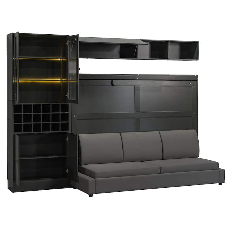 Roomfitters Full/Queen Size Murphy Bed Wall Bed with Sofa, Storage Shelves, USB Ports and Lighting
