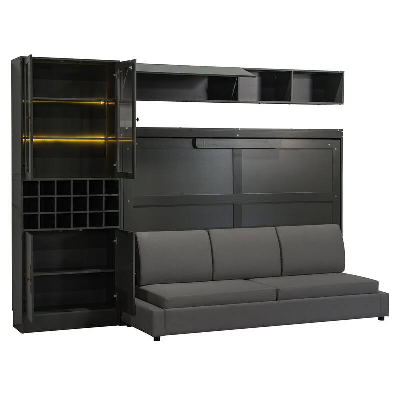 Space-Saving Full Size Murphy Bed with Sofa, Shelves, USB & Light in Gray