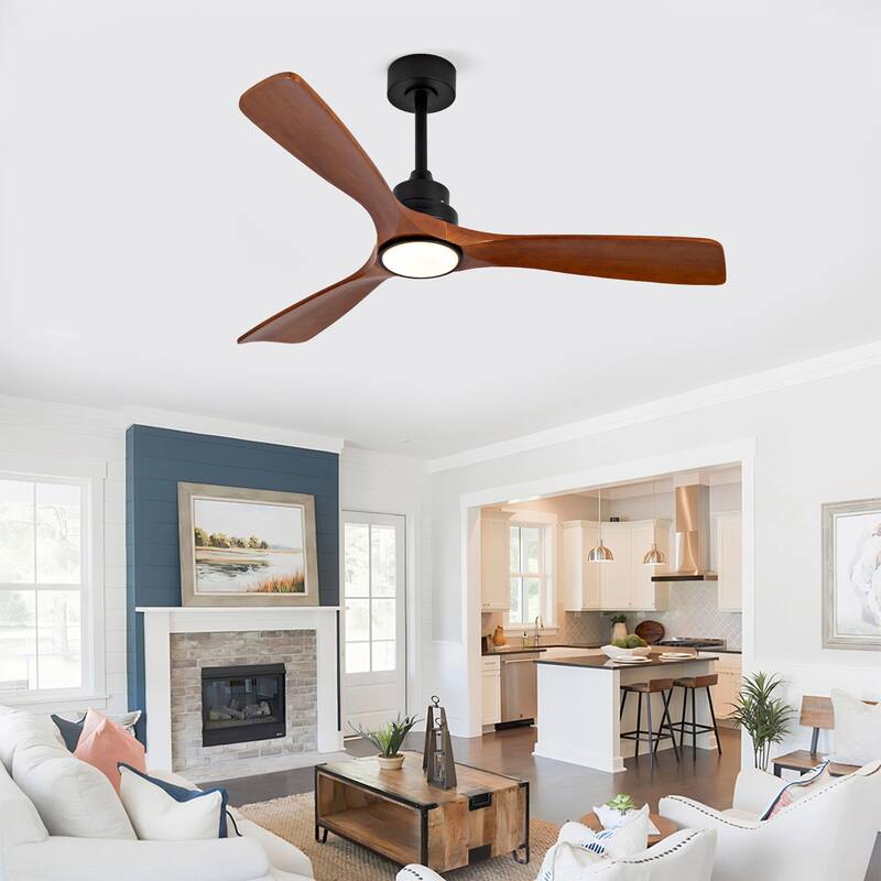 52 Inch Modern Black Ceiling Fan With Light 3 Solid Wood Blades Remote Control Reversible DC Motor With Dimmable LED