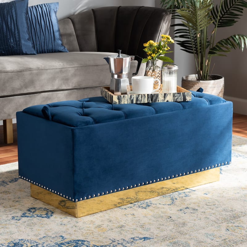 Powell Glam and Luxe Velvet Fabric and Gold PU Leather Storage Ottoman