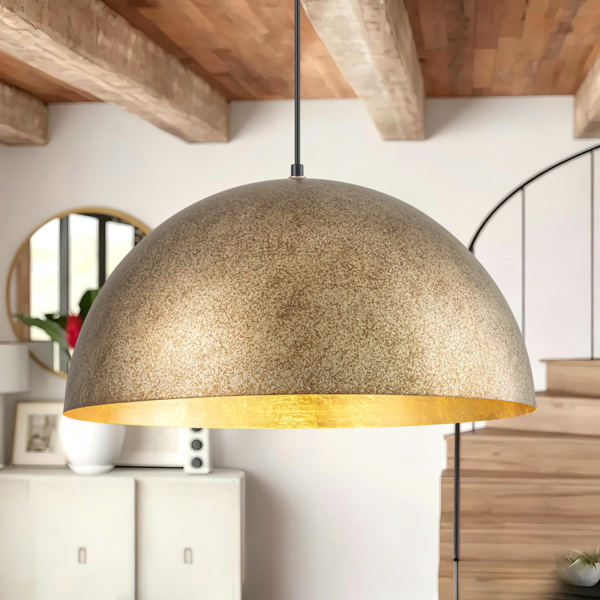 1-Light Industrial Distressed Brass with Gold Leaf Dome Pendant Light/ Gold Island Lighting - 19.6 in. W x 11.8 in. H