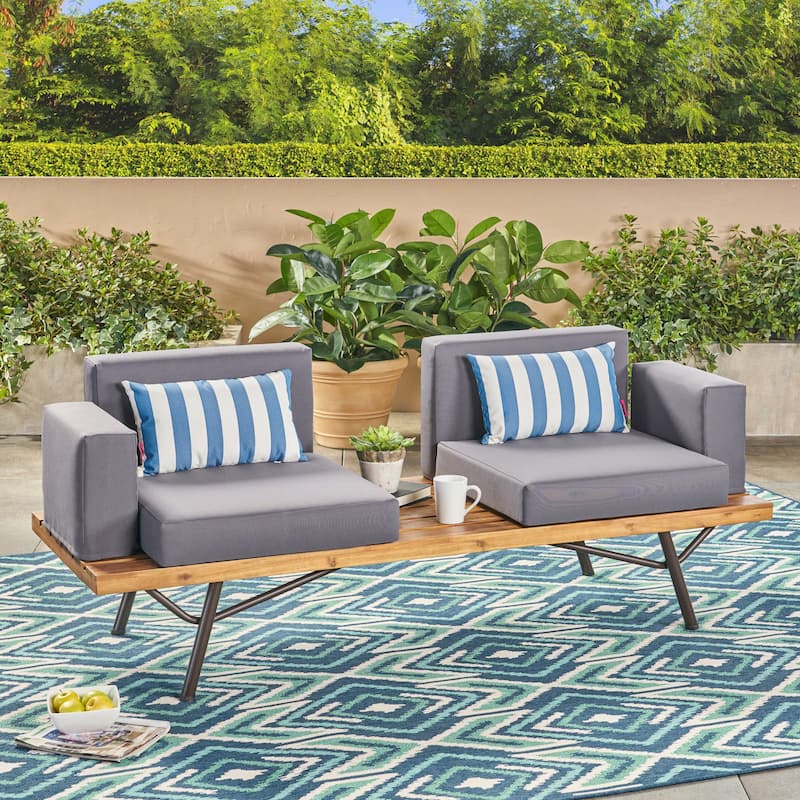 73 Inch 2-Seater Sofa Acacia Wood Iron Legs Gray Water-Resistant Cushions - Natural+Grey
