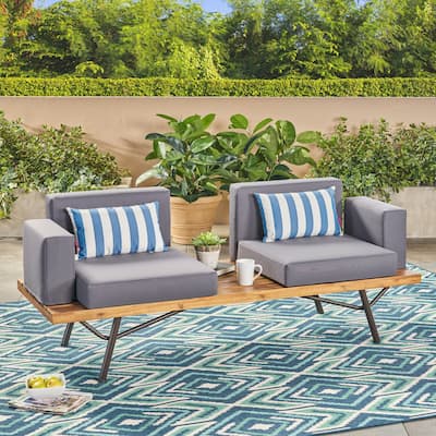 Acacia Wood Outdoor 2-Seater Sofa w/ Metal Legs, Patio Garden Loveseat