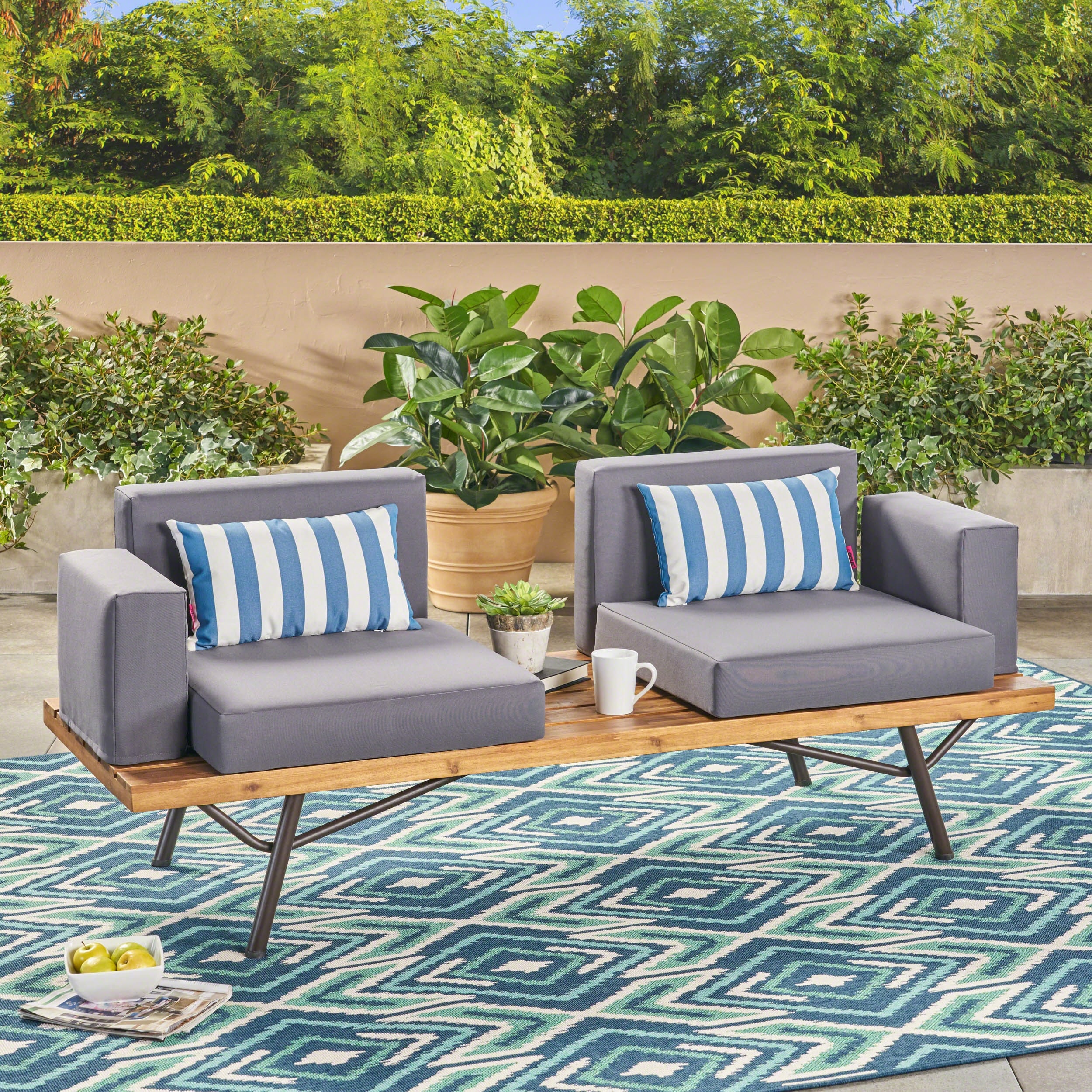 Roomfitters Outdoor Double Seat Lounger with Cushions, Slatted Base and Iron Legs, Grey