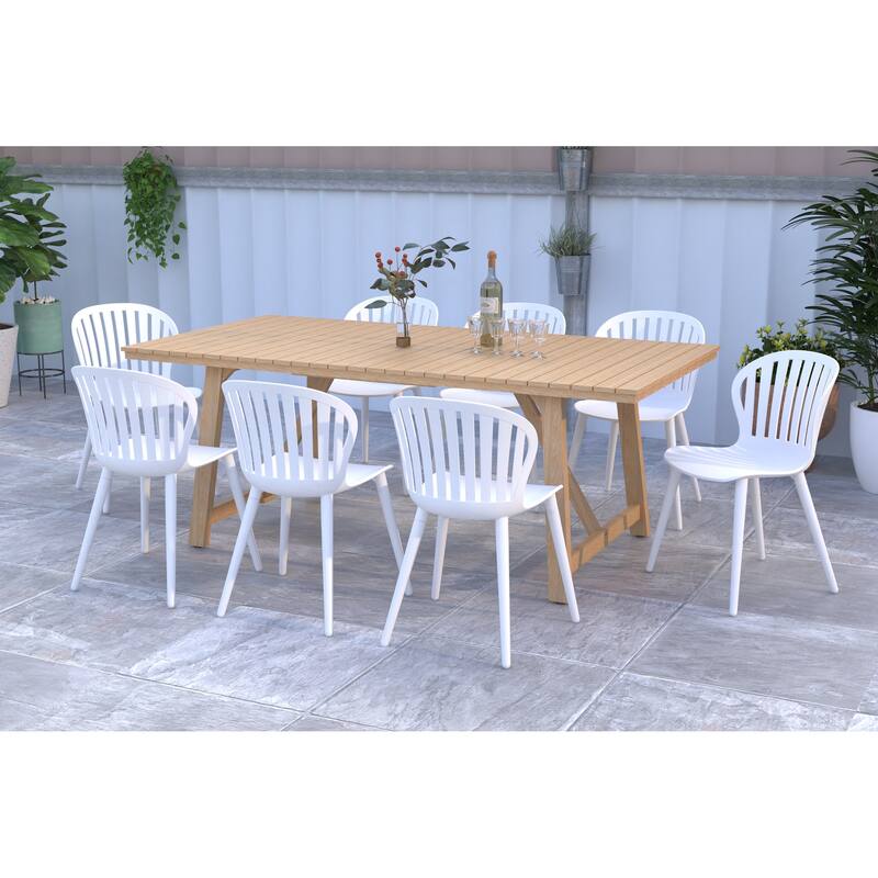Amazonia Branford 9pc FSC Certified Reclaimed Teak Outdoor Patio Dining set - White Sidechair - Aluminum Legs