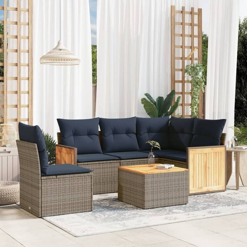 vidaXL 6 Piece Patio Sofa Set with Cushions Gray Poly Rattan - 91.0x27.2x69.3