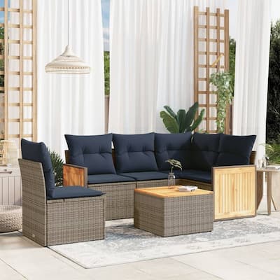 vidaXL 6 Piece Patio Sofa Set with Cushions Gray Poly Rattan - 91.0x27.2x69.3