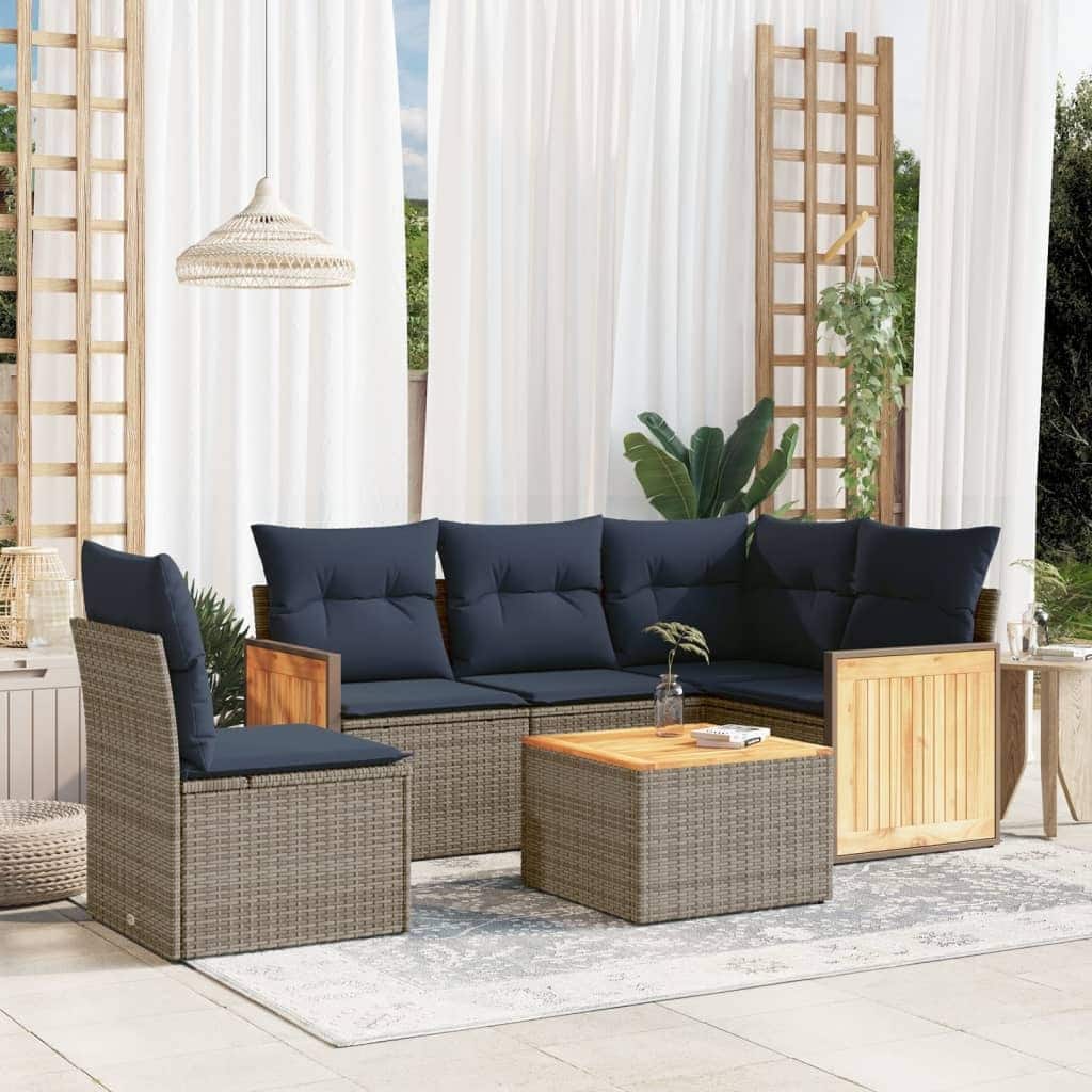 vidaXL 6 Piece Patio Sofa Set with Cushions Gray Poly Rattan - 91.0x27.2x69.3