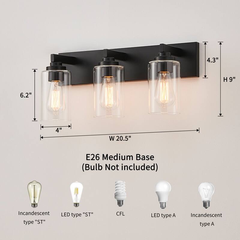 KAWOTI 3-Light Bathroom Vanity Light with Clear Glass Shade