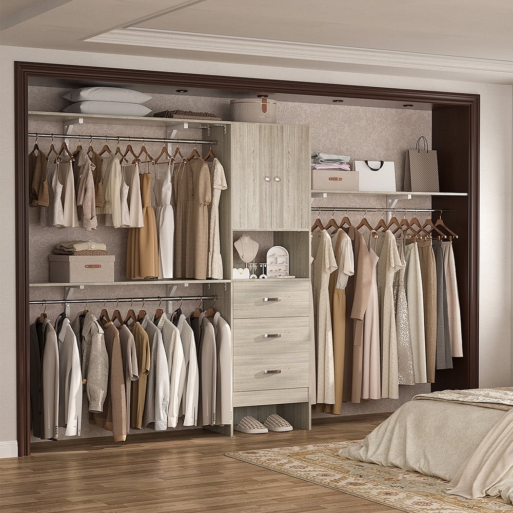 Rackcog 20.3'' - 120'' Large Closet Organizer with Doors, Closet System with Drawers and Hanging Rods (can be cut to fit)