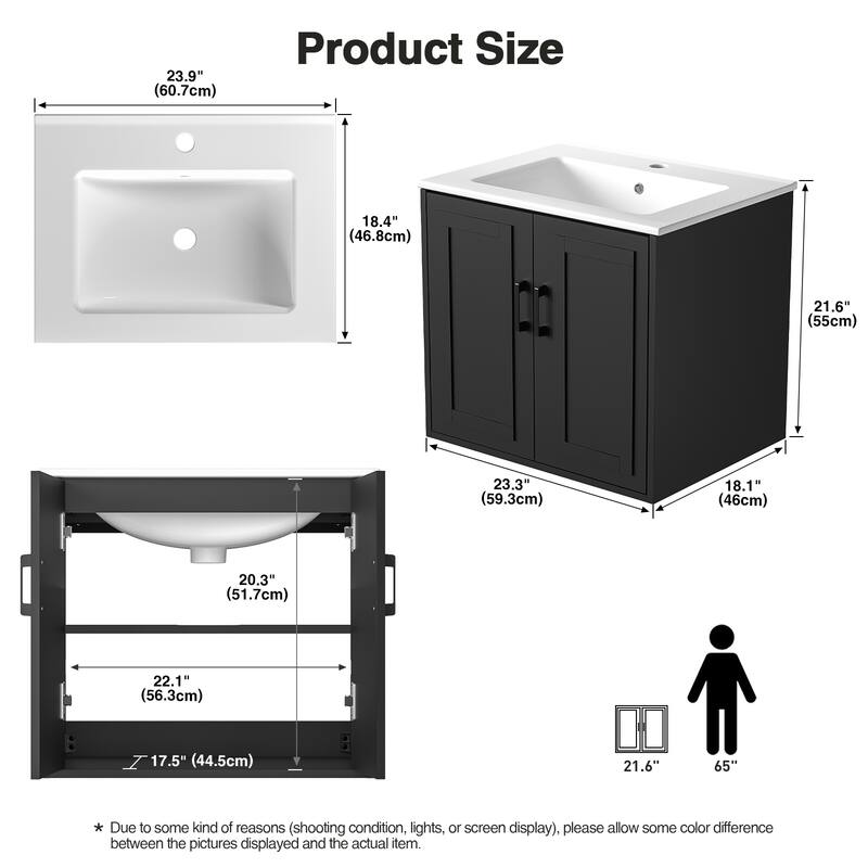 Anmytek 24'' Floating Bathroom Vanity Sink Combo Wall Mounted Cabinet with Soft Close Door