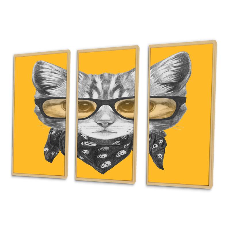 Designart "Funny Cat with Glasses and Scarf" Animal Framed Wall Decor Set of 3 4 Colors of
