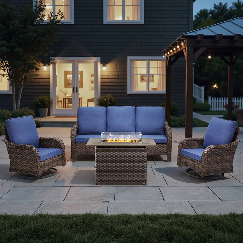 Pocassy Patio Funiture Sofa Swivel Chairs Ottoman with Fire Table Set - Blue Cushion - Brown Wicker - 4-Piece Sofa Swivel Chair with Fire Table