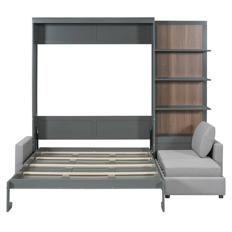 Queen Size Murphy Bed Wall Bed with Sofa and Shelves