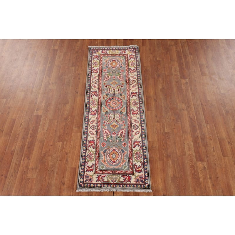 Traditional Kazak Runner Rug Hand-Knotted Grey Wool Carpet - 2'1" x 5'10"
