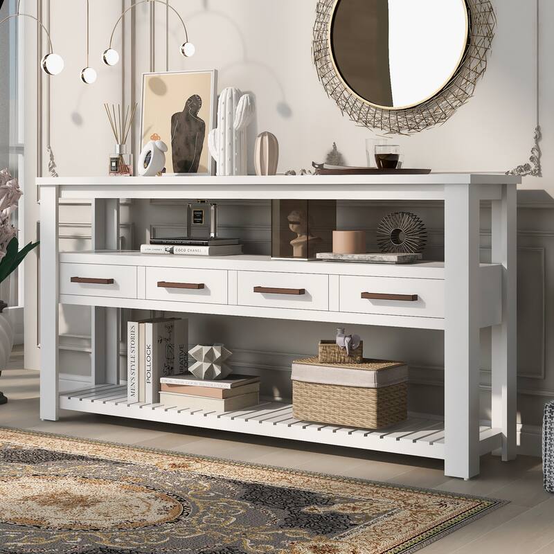 61.5"Large Entryway Table with 4 Drawers,Painted Console Table with 3-Tier Open Shelves and Metal Handles - White