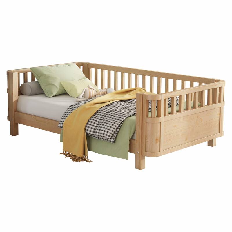 Wood Platform Bed for Kids, Low Profile Wooden Full Bed with Rails