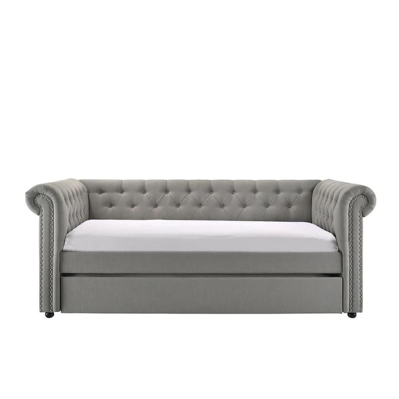 Ellen Trundle Daybed, Gray Fabric Upholstery, Rolled Arms, Nailhead Trim